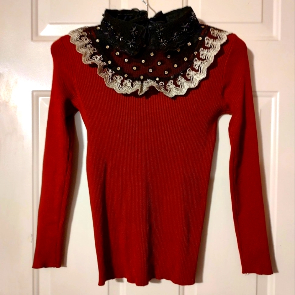🌹 Dazzling Custom Made Scarlet Cranberry Red Lolita Lace Sweater Top - S